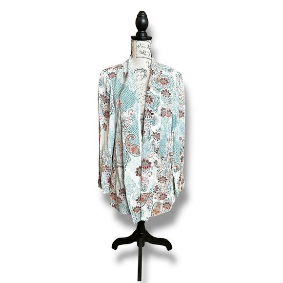 Chico's Blazer Open Front Moroccan Paisley Jacket Turquoise Peach White 2/Large - Picture 1 of 4